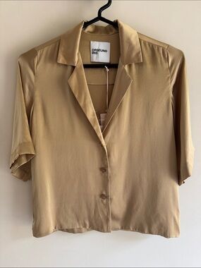 nwt orseund iris le funk silk short sleeve blouse top camel size small